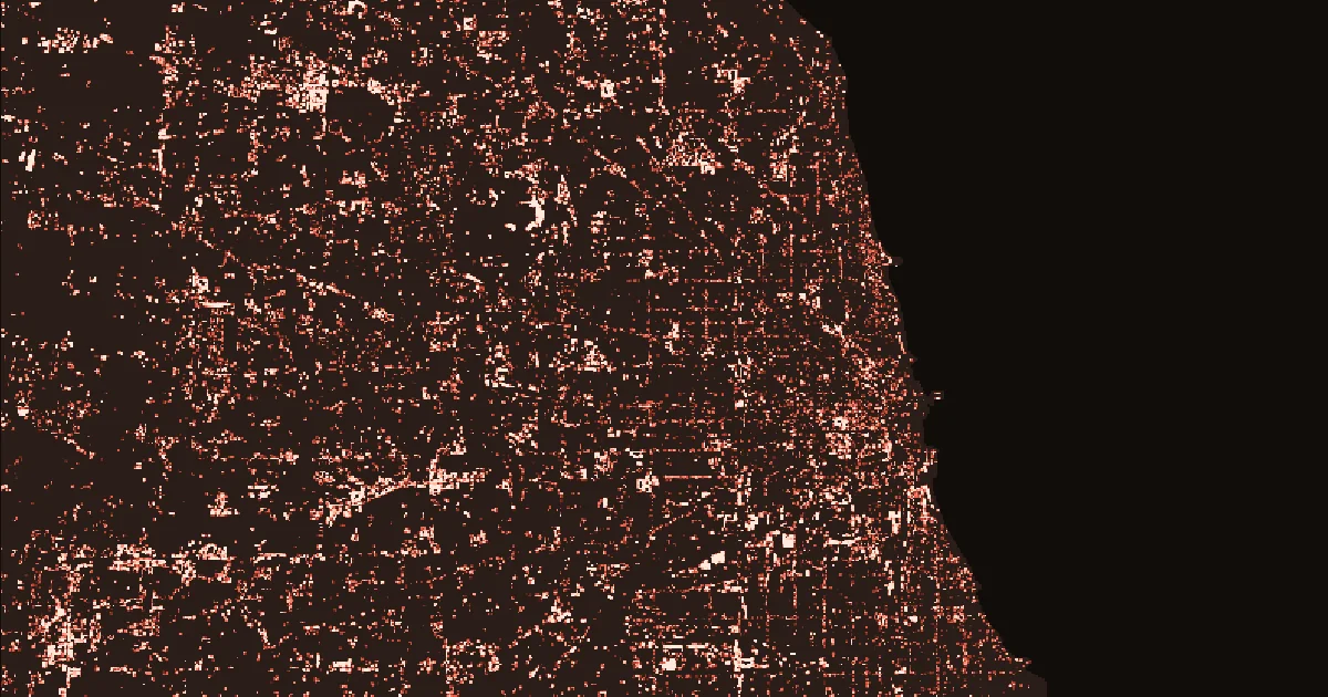 Map of Chicago and its inner suburbs on a near-black background, with every surface parking lot glowing coral, brightest along commercial corridors and around malls.