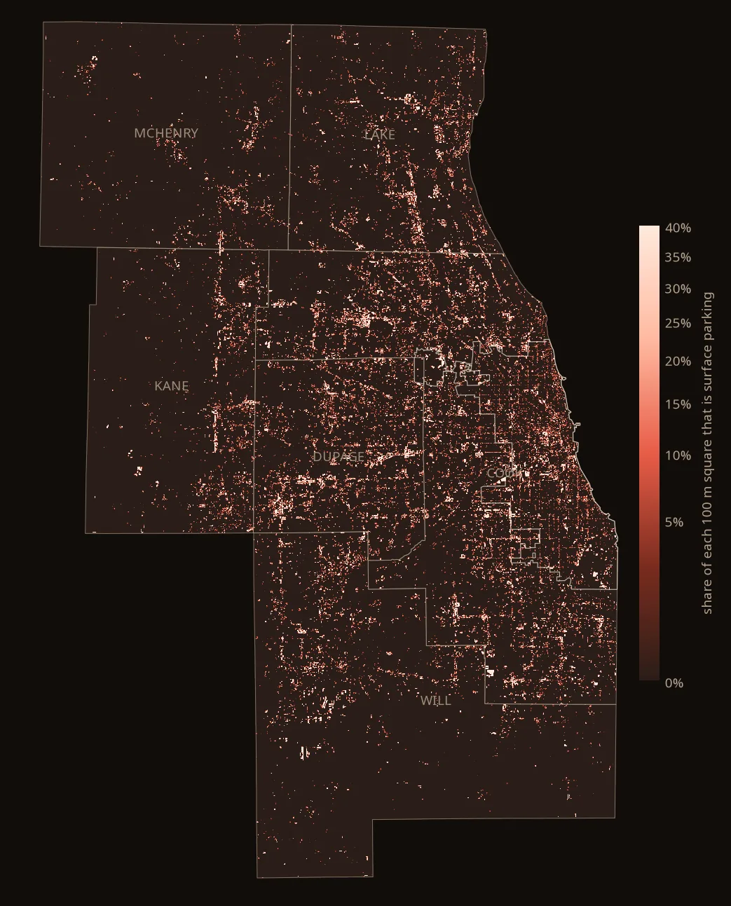 Map of the six-county Chicago region with each 100 meter square colored by how much of it is surface parking. The brightest clusters follow expressways, malls and commercial strips; McHenry, Kane and Will counties are mostly dark farmland.