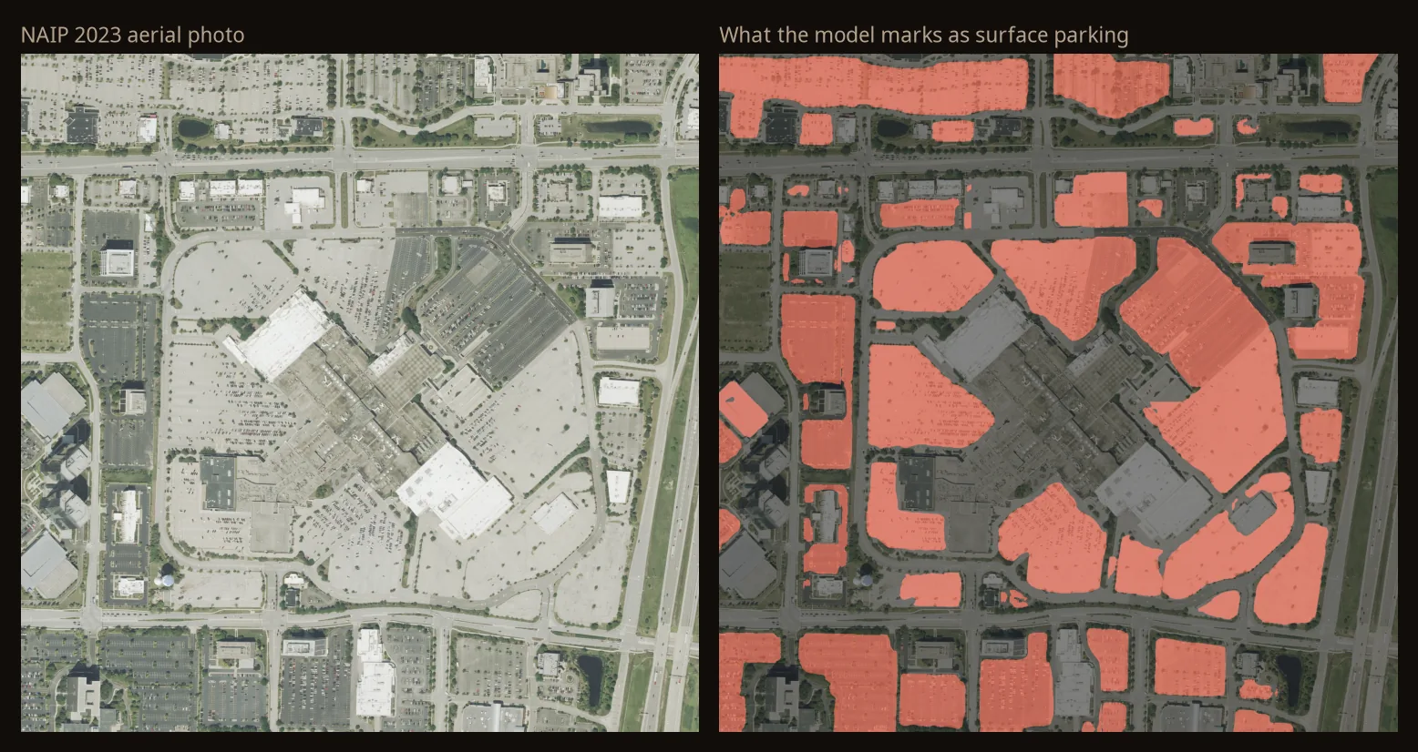 Two copies of the same aerial photo of Woodfield Mall in Schaumburg. On the right, the mall's parking lots and the office-park lots around it are shaded coral, while the buildings, roads and grass are left plain.