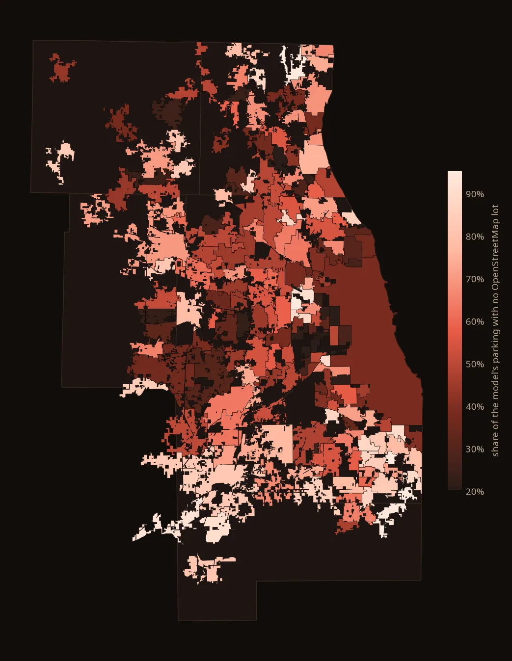 Map of the region's municipalities shaded by how much of their parking is missing from OpenStreetMap. Many Will County and far south suburban towns are brightest, meaning most of their lots are unmapped.