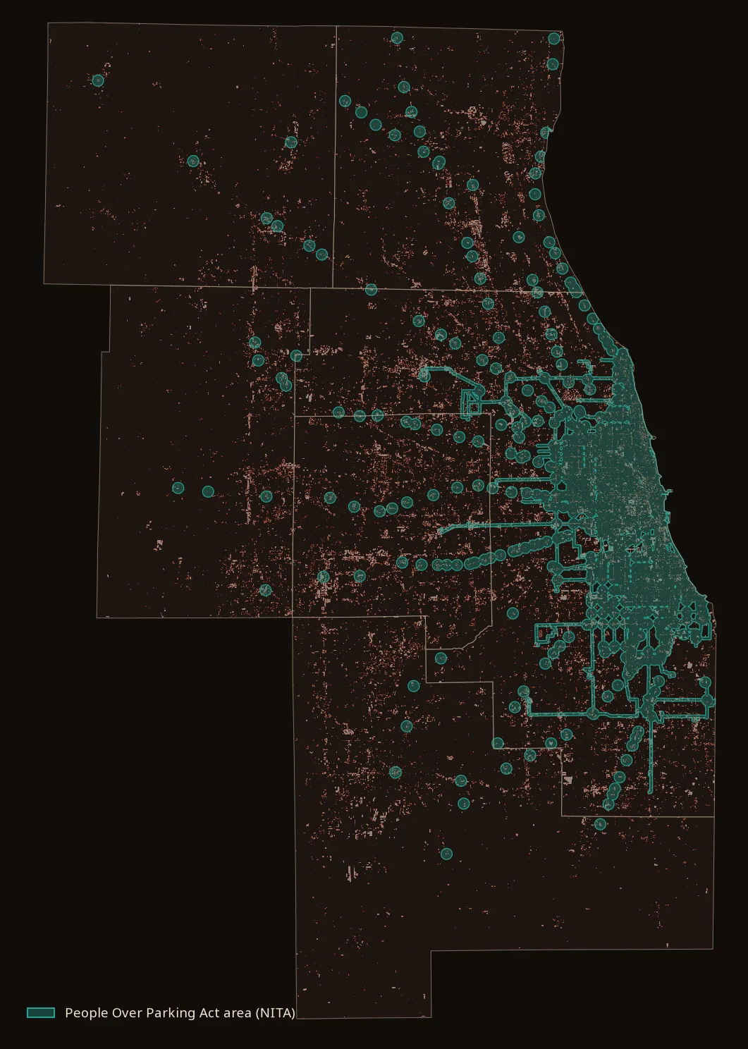 Map of the region with the People Over Parking Act area shaded teal over the parking map: half-mile circles around Metra stations reaching out to the far suburbs, and a dense web of bus corridors and station circles across Chicago and the inner suburbs.