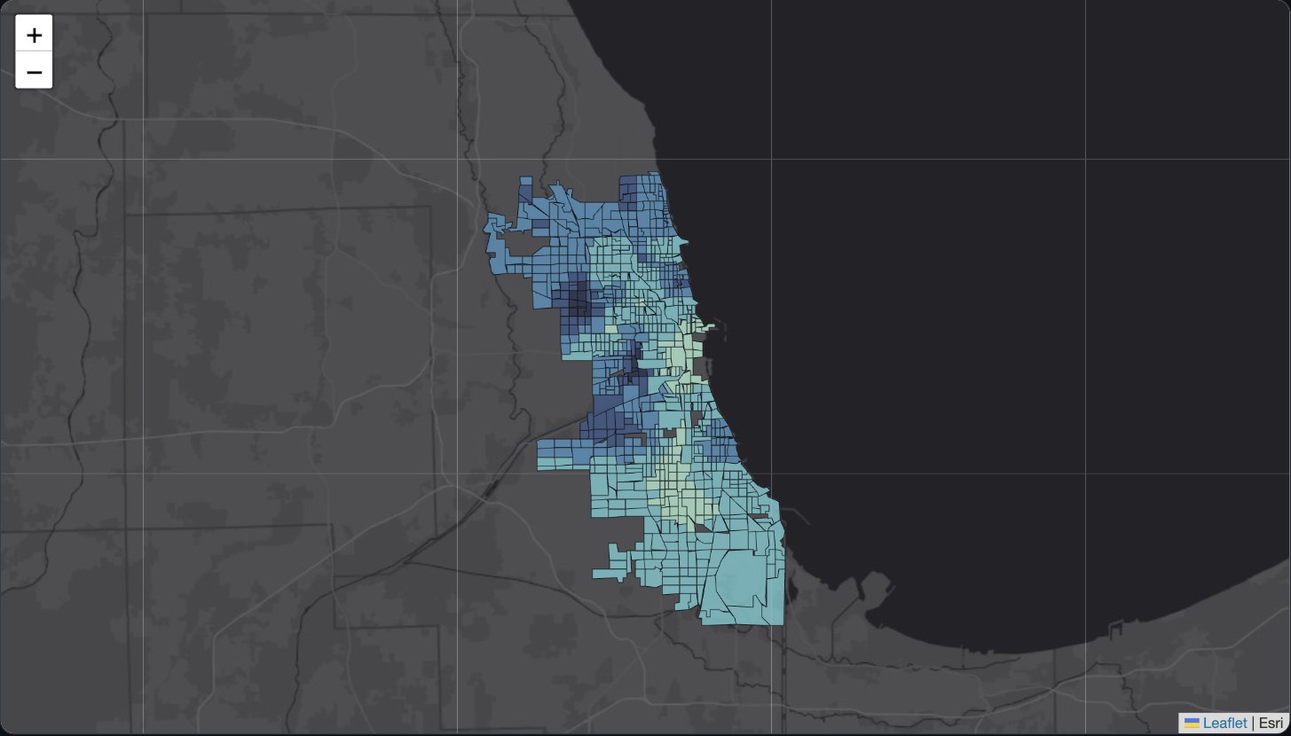 Choropleth map of Chicago census tracts colored by local model fit (R-squared) from a geographically weighted regression of theft.