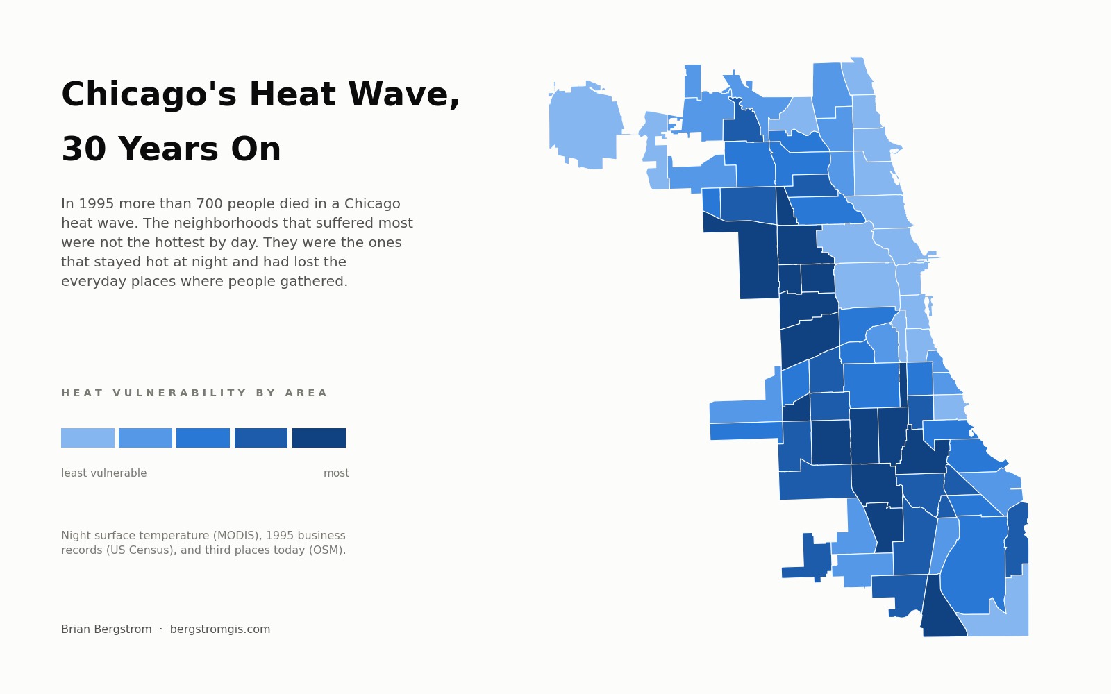 Map of Chicago's 77 community areas shaded by a combined heat-vulnerability score, with the darkest areas forming a band across the West and South sides.