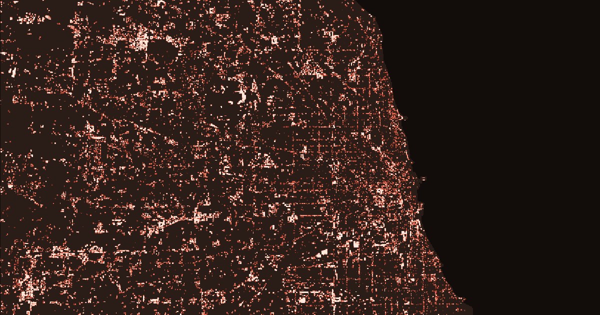 Map of Chicago and its inner suburbs on a near-black background, with every surface parking lot glowing coral, brightest along commercial corridors and around malls.