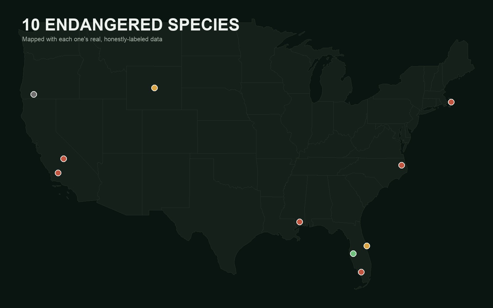 Dark map of the continental United States with ten colored markers showing the real locations of ten endangered species, titled '10 Endangered Species.'