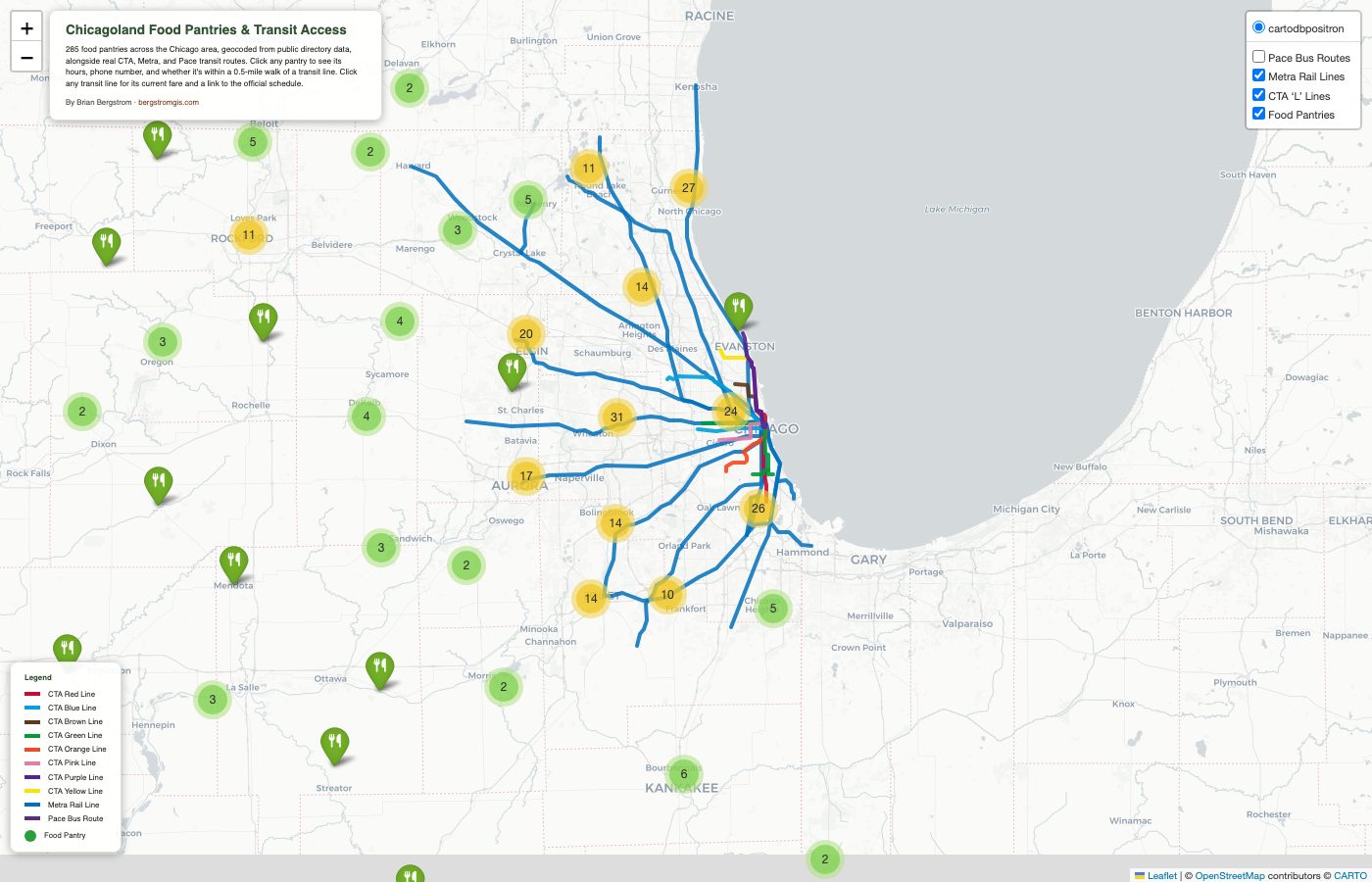 Screenshot of the Chicagoland Food Pantries and Transit Access map, showing CTA, Metra, and Pace transit lines alongside clustered food pantry markers across the Chicago metro area.