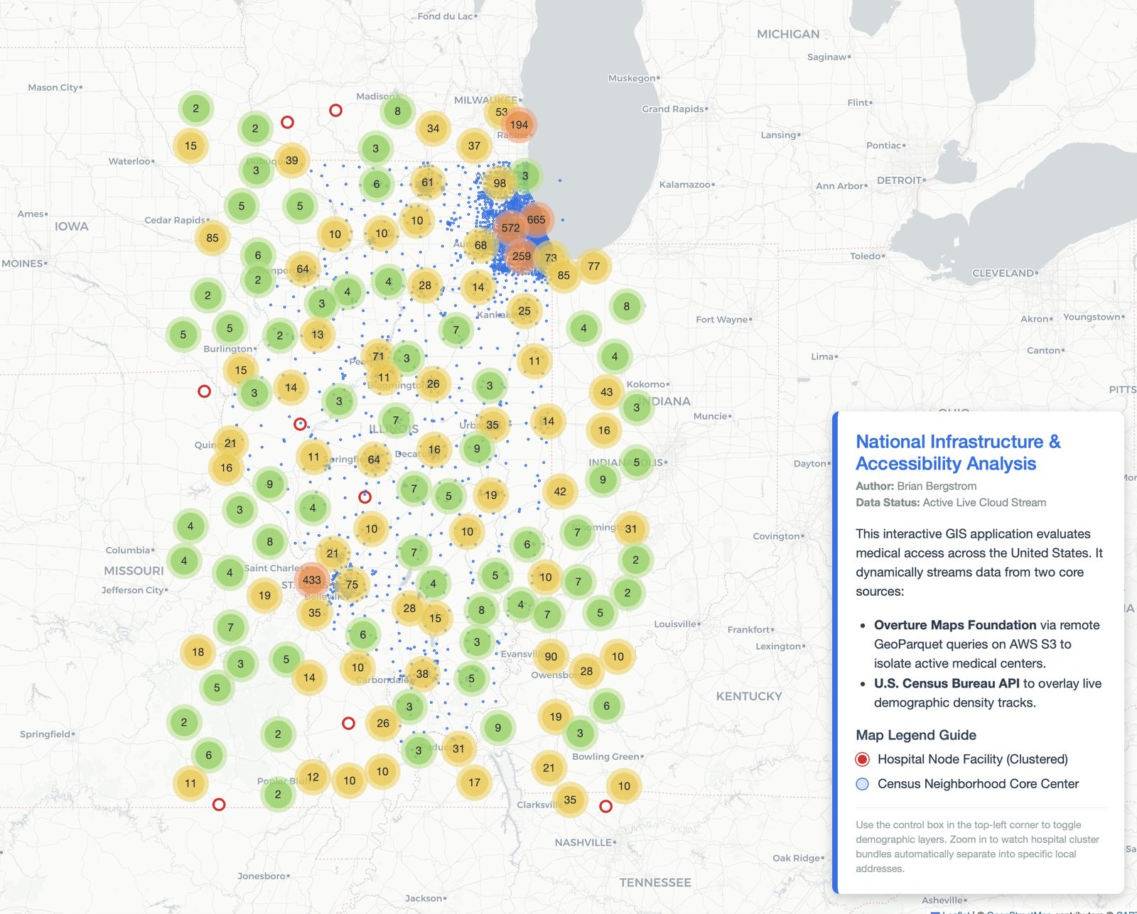Screenshot of the Hospital Accessibility Analysis dashboard showing clustered hospital counts across Illinois and neighboring states.