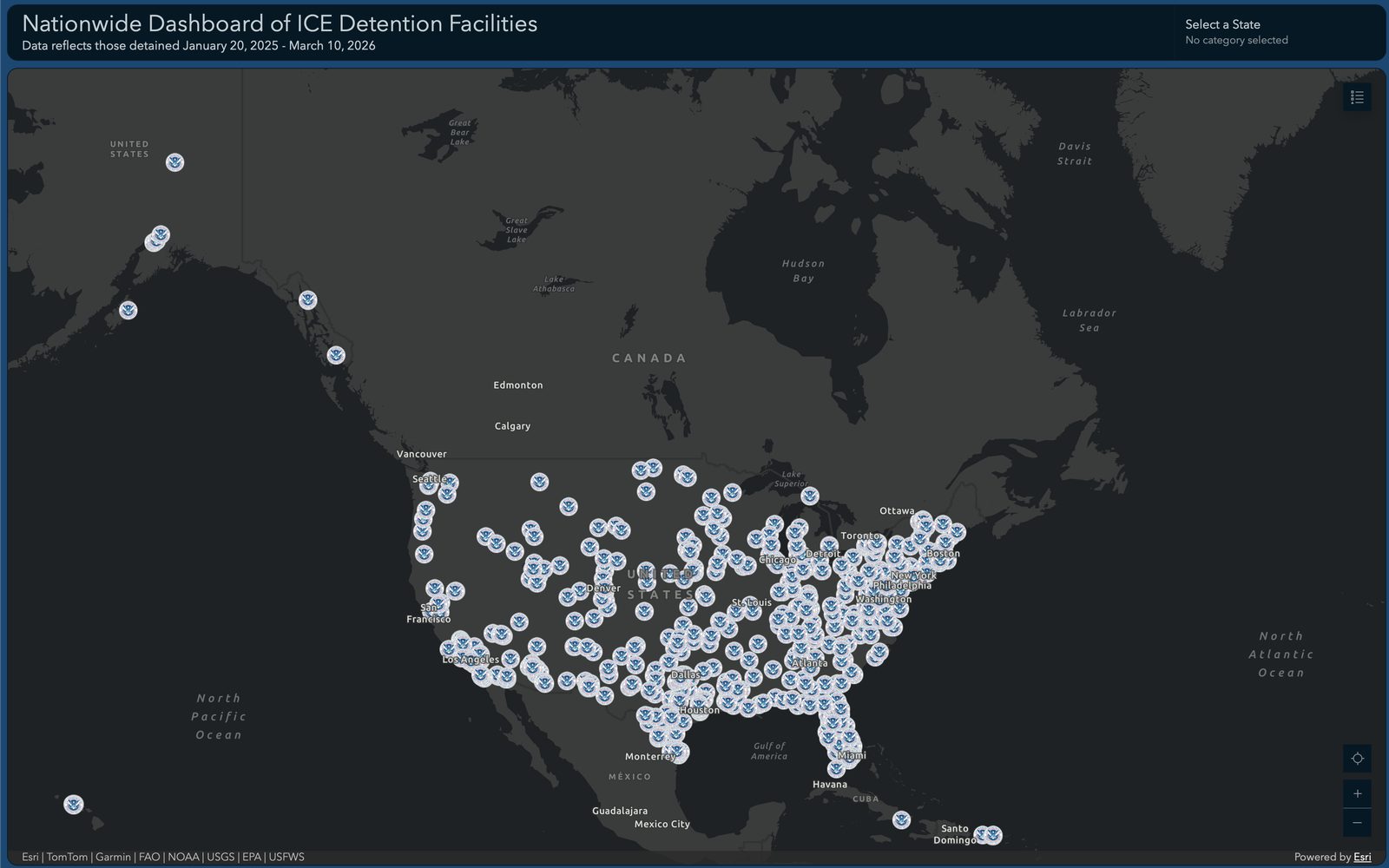 Screenshot of the Nationwide Dashboard of ICE Detention Facilities, showing facility locations plotted across the United States and Canada.