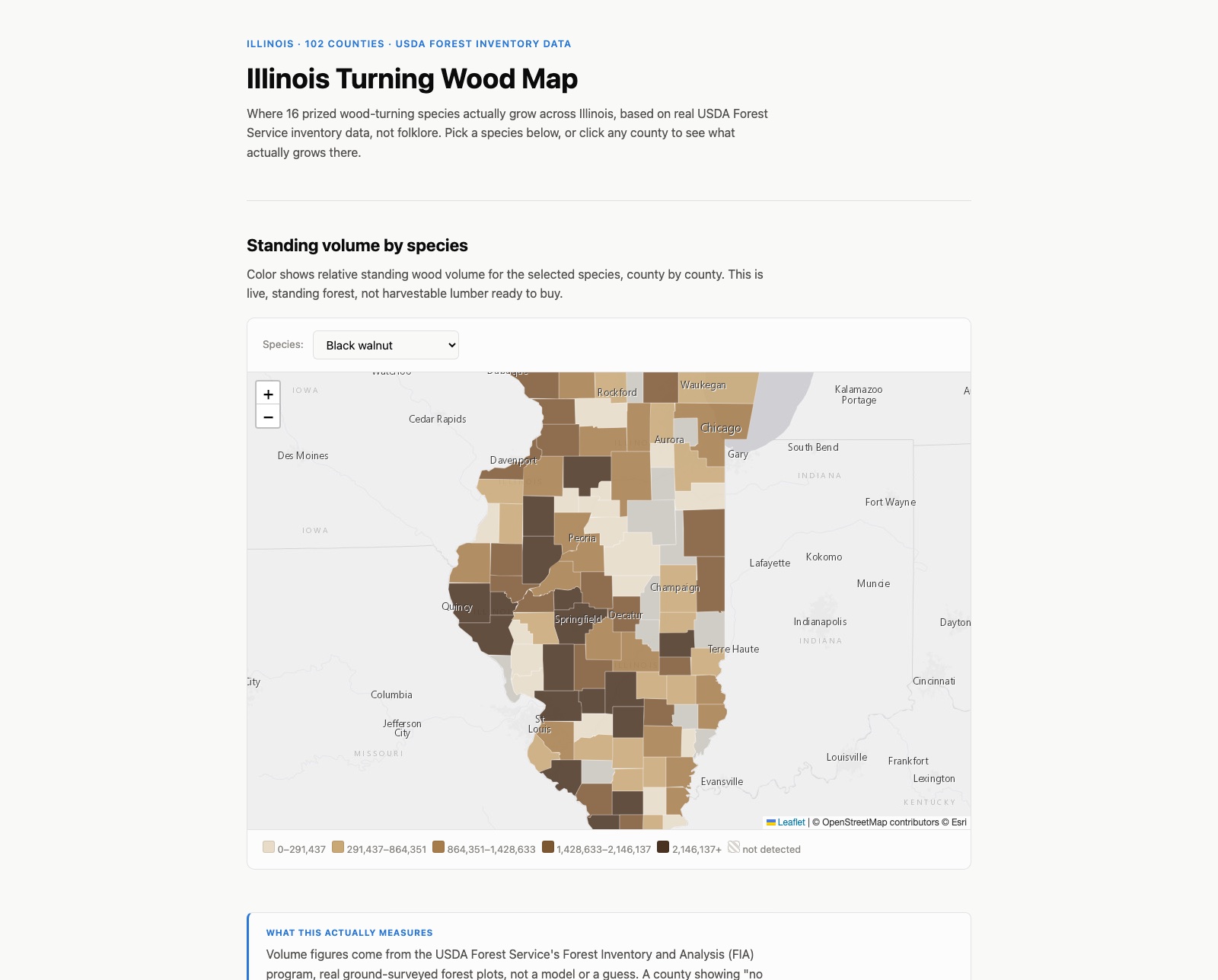 Screenshot of the Illinois Turning Wood Map, showing a choropleth of black walnut standing volume across Illinois counties in shades of brown, with a species selector dropdown.