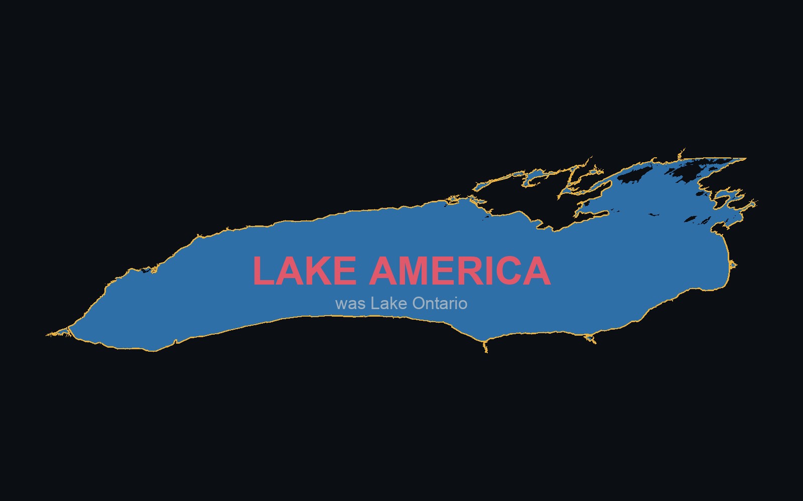 Real outline of Lake Ontario's shoreline, labeled LAKE AMERICA with 'was Lake Ontario' underneath.