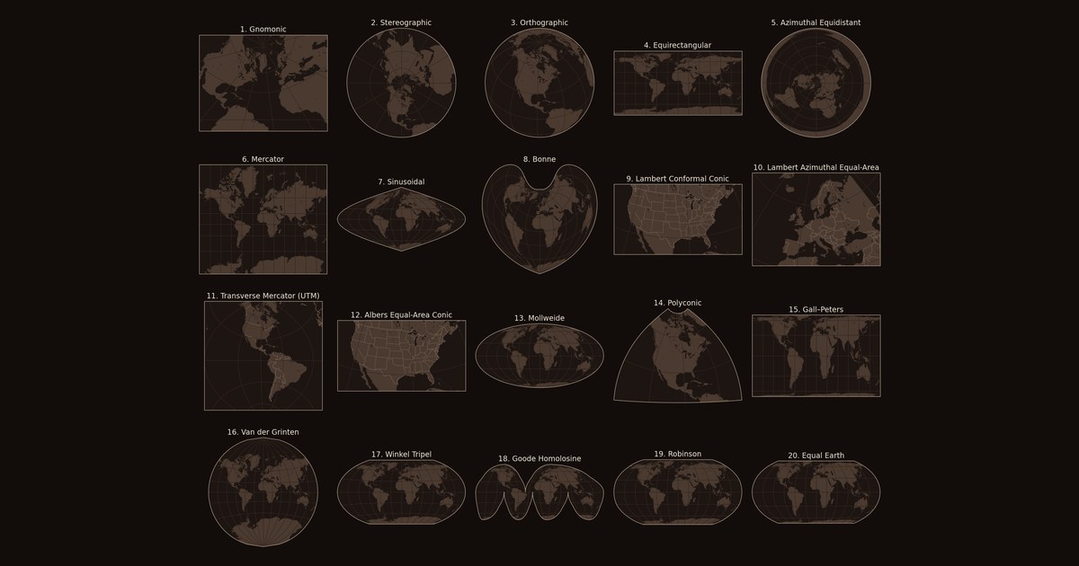 Twenty small world maps in a grid on a near-black background, each drawn in a different map projection, from Gnomonic to Equal Earth.