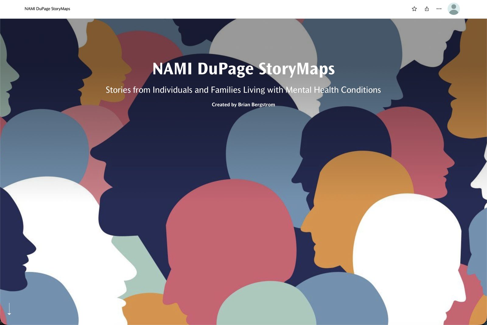 Title screen of the NAMI DuPage StoryMap: 'Stories from Individuals and Families Living with Mental Health Conditions,' created by Brian Bergstrom.