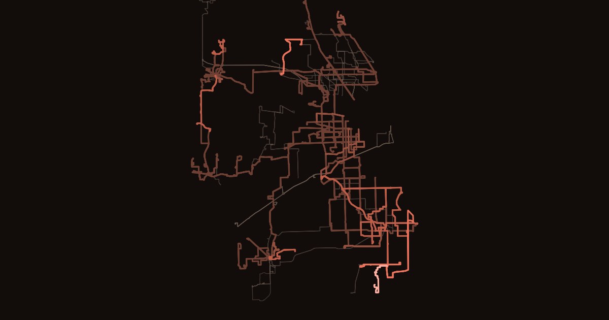 Map of Pace suburban bus routes on a near-black background, each line colored from dim brown to bright coral by the share of its scheduled trips that never appeared on Pace's bus tracker.