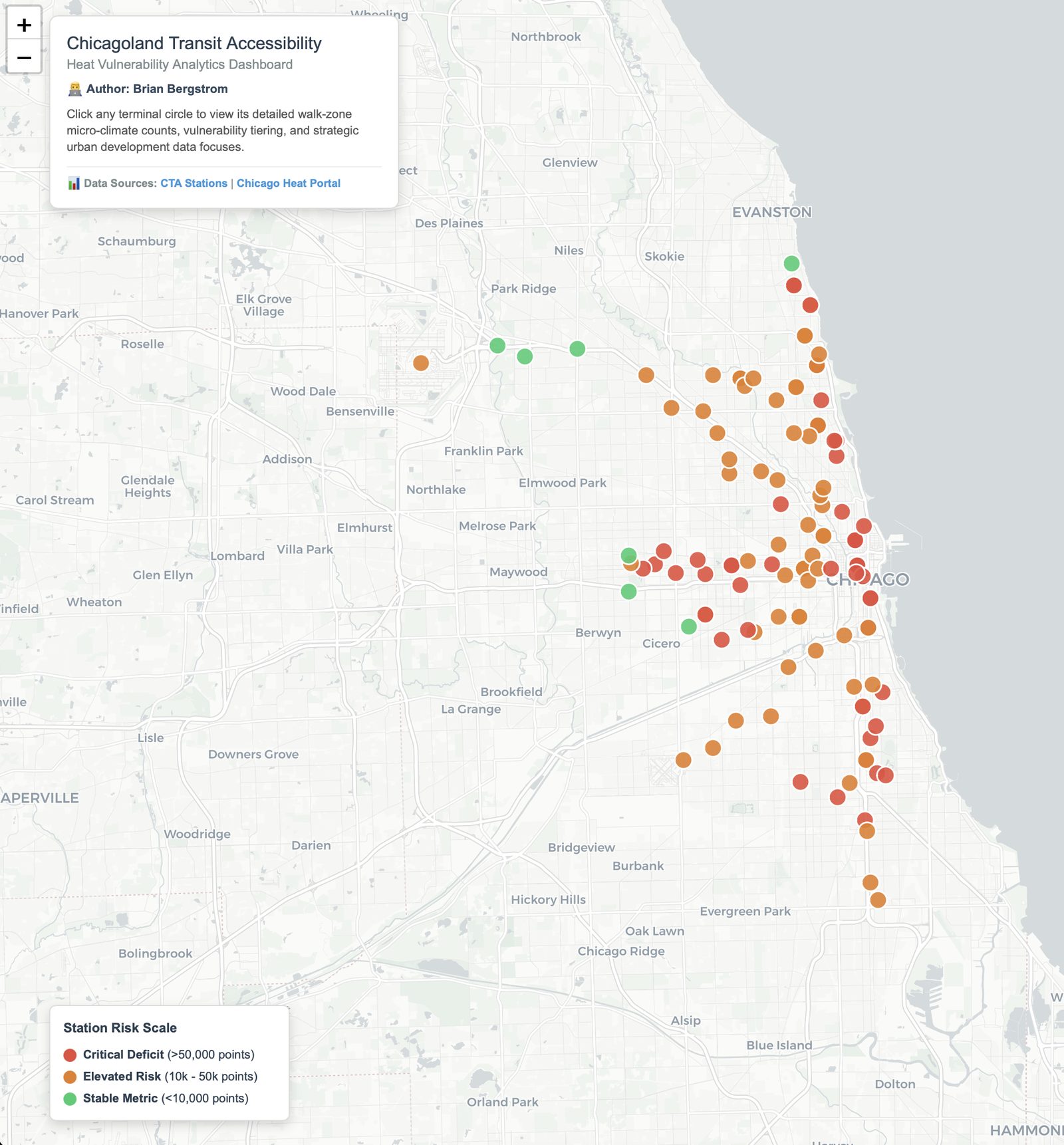 Screenshot of the Chicagoland Transit Accessibility dashboard, showing CTA stations color-coded by heat vulnerability risk.