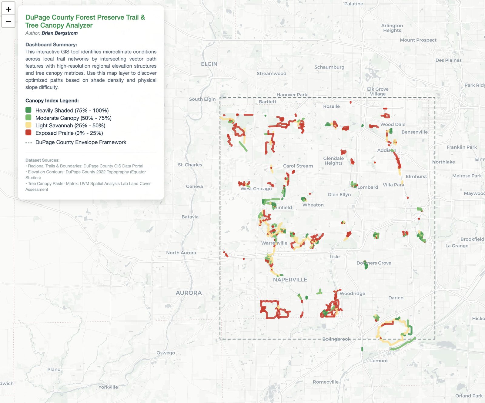 Screenshot of the DuPage County Forest Preserve Trail and Tree Canopy Analyzer, showing trail segments color-coded by canopy shade density.