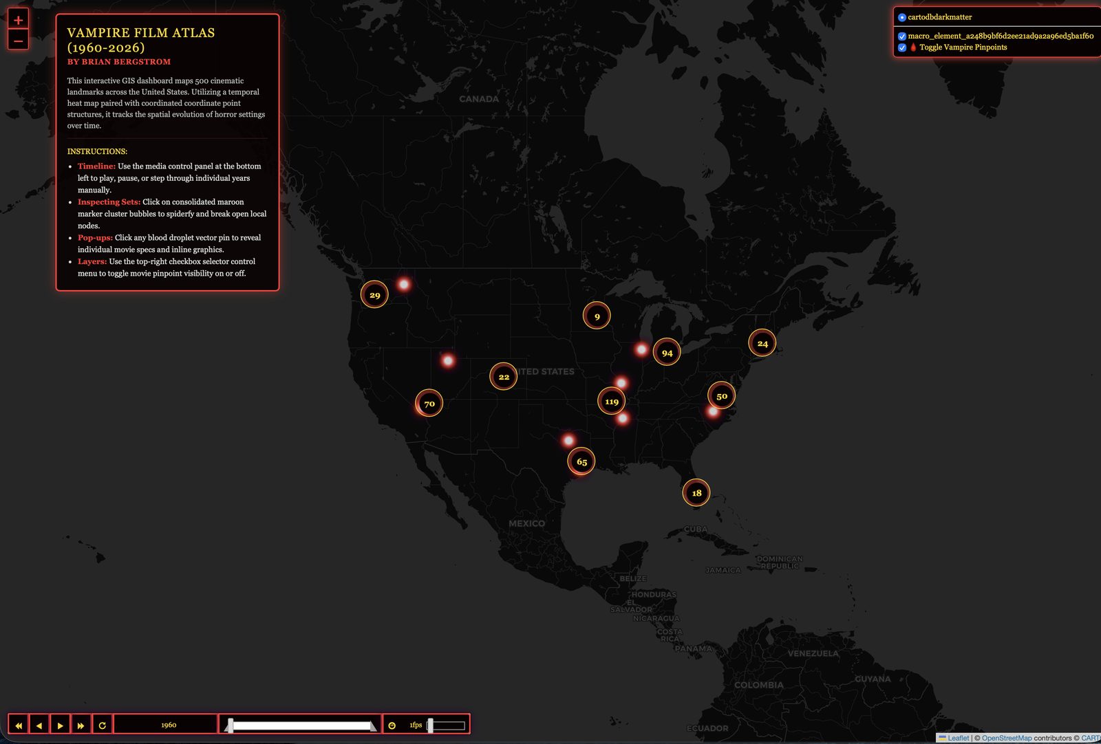 Screenshot of the Vampire Film Atlas (1960-2026) dashboard, showing horror-film location counts across the U.S. and a year timeline scrubber.