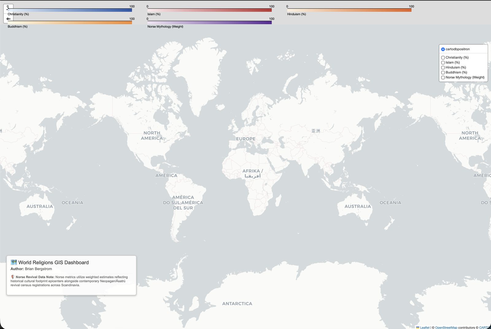 Screenshot of the World Religions GIS Dashboard, showing layer toggles for Christianity, Islam, Hinduism, Buddhism, and Norse Mythology across a world map.
