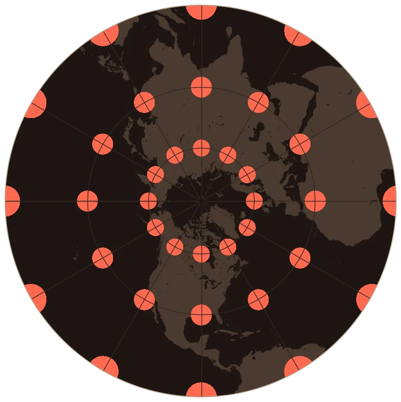 Stereographic projection of the Northern Hemisphere seen from above the North Pole, with coral circles that were all the same size on the globe, showing how the map distorts them.