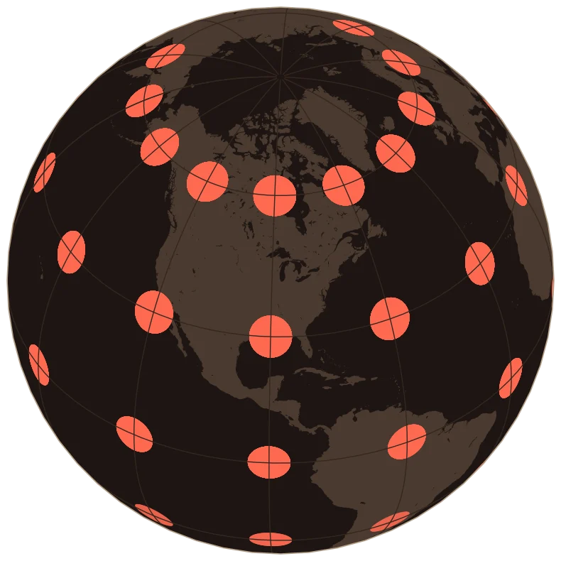 Orthographic projection of a globe centered on Chicago, with coral circles that were all the same size on the globe, showing how the map distorts them.