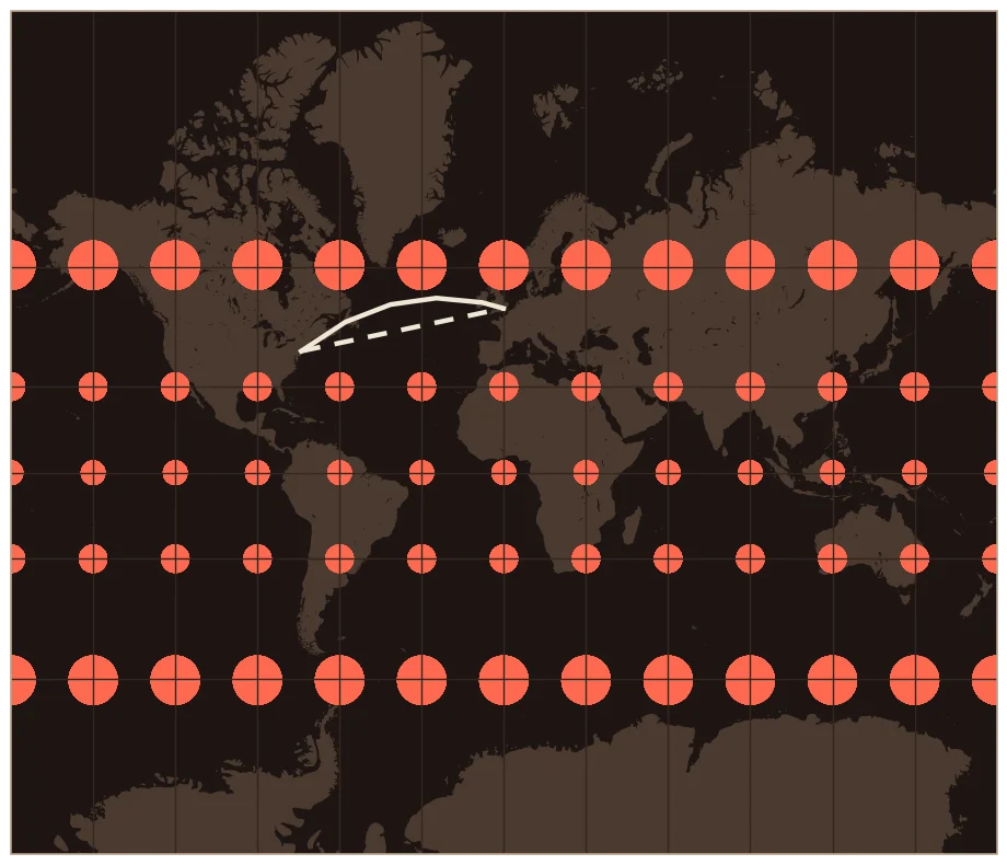 Mercator projection of the world, with coral circles that were all the same size on the globe, showing how the map distorts them.
