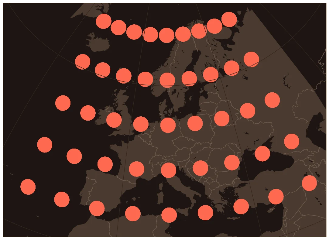 Lambert Azimuthal Equal-Area projection of Europe, with coral circles that were all the same size on the globe, showing how the map distorts them.