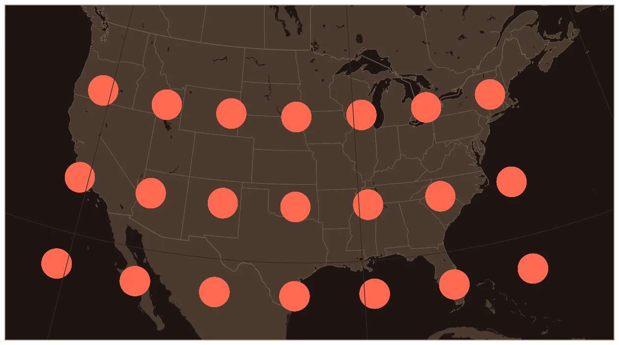 Albers Equal-Area Conic projection of the lower 48 US states, with coral circles that were all the same size on the globe, showing how the map distorts them.