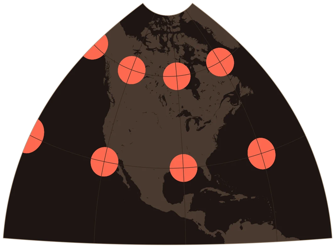 Polyconic projection of North America, with coral circles that were all the same size on the globe, showing how the map distorts them.