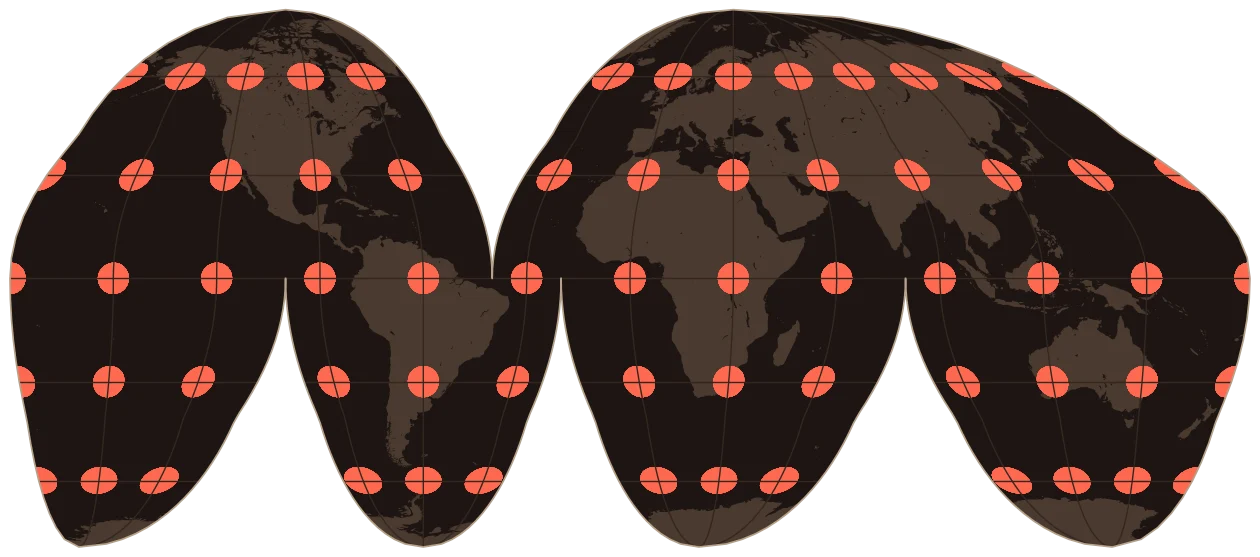 Goode Homolosine projection of the world, with coral circles that were all the same size on the globe, showing how the map distorts them.